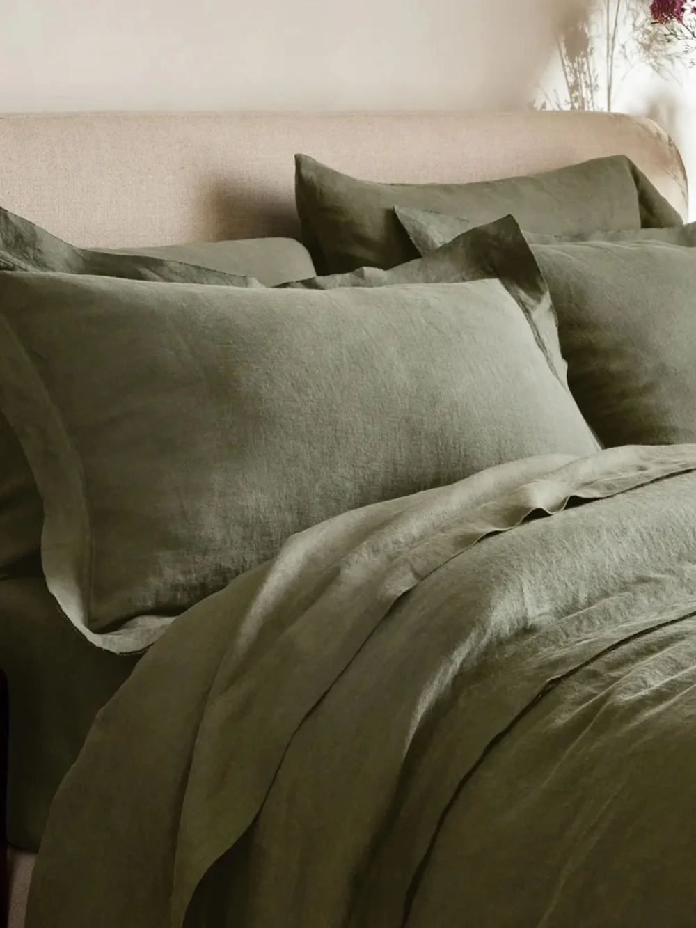 NWOT Quince European Linen Double Flange Duvet Cover Set, F/Q (Dusty Olive)